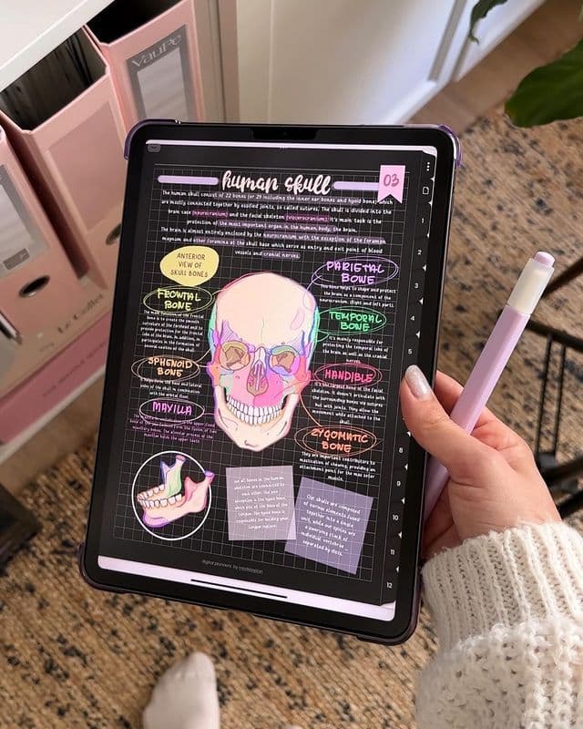 iPad 11 held in hand showing an annotated human-skull anatomy study page