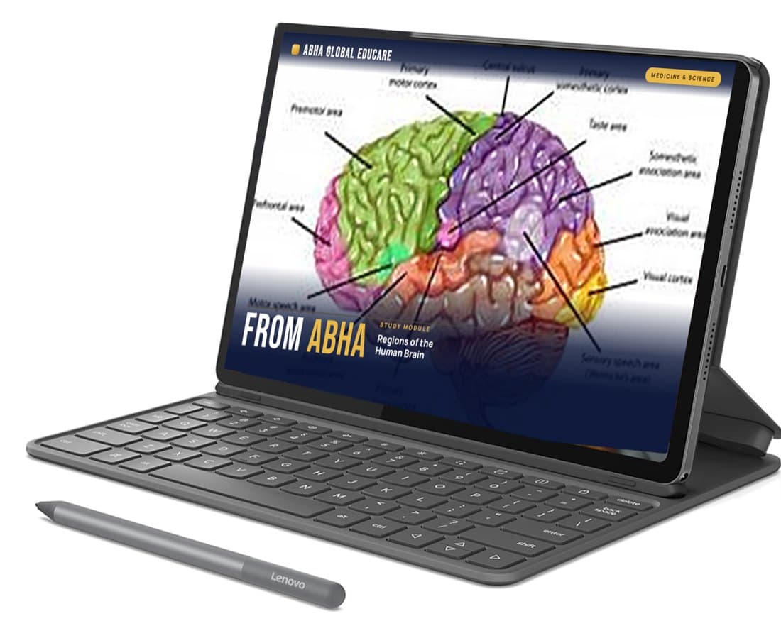 Lenovo Idea Tab with detachable folio keyboard and Tab Pen, showing an ABHA brain-regions study module
